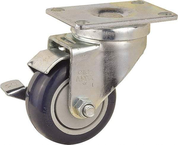 Value Collection - 3" Diam x 1-1/4" Wide x 4-3/8" OAH Top Plate Mount Swivel Caster with Brake - Polyurethane, 300 Lb Capacity, Ball Bearing, 2-7/8 x 3-5/8" Plate - Apex Tool & Supply