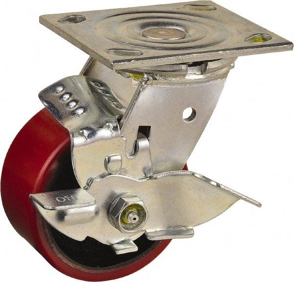 Value Collection - 4" Diam x 2" Wide x 5-5/8" OAH Top Plate Mount Swivel Caster with Brake - Polyurethane, 700 Lb Capacity, Roller Bearing, 4 x 4-1/2" Plate - Apex Tool & Supply