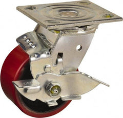 Value Collection - 4" Diam x 2" Wide x 5-5/8" OAH Top Plate Mount Swivel Caster with Brake - Polyurethane, 700 Lb Capacity, Roller Bearing, 4 x 4-1/2" Plate - Apex Tool & Supply