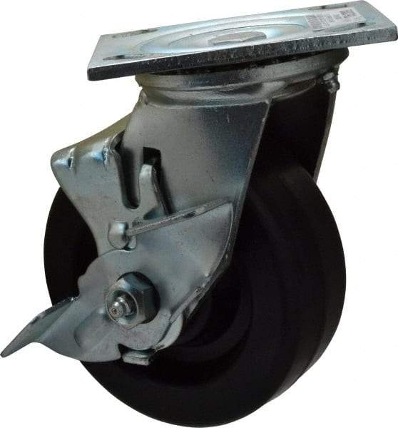Value Collection - 5" Diam x 2" Wide x 6-1/2" OAH Top Plate Mount Swivel Caster with Brake - Phenolic, 1,000 Lb Capacity, Roller Bearing, 4 x 4-1/2" Plate - Apex Tool & Supply