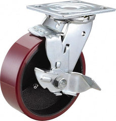 Value Collection - 6" Diam x 2" Wide x 7-1/2" OAH Top Plate Mount Swivel Caster with Brake - Polyurethane, 1,200 Lb Capacity, Roller Bearing, 4 x 4-1/2" Plate - Apex Tool & Supply