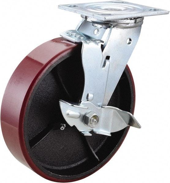 Value Collection - 8" Diam x 2" Wide x 9-1/2" OAH Top Plate Mount Swivel Caster with Brake - Polyurethane, 1,200 Lb Capacity, Roller Bearing, 4 x 4-1/2" Plate - Apex Tool & Supply
