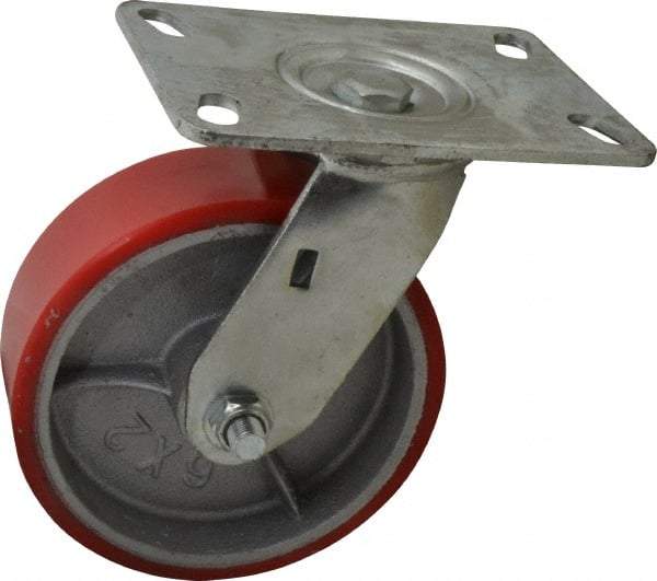 Fairbanks - 6" Diam x 2" Wide x 7-1/2" OAH Top Plate Mount Swivel Caster - Polyurethane, 1,000 Lb Capacity, Roller Bearing, 4-1/2 x 6-1/4" Plate - Apex Tool & Supply