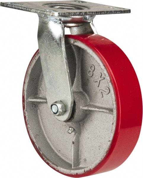 Fairbanks - 8" Diam x 2" Wide x 9-1/4" OAH Top Plate Mount Swivel Caster - Polyurethane, 1,200 Lb Capacity, Roller Bearing, 4-1/2 x 6-1/4" Plate - Apex Tool & Supply
