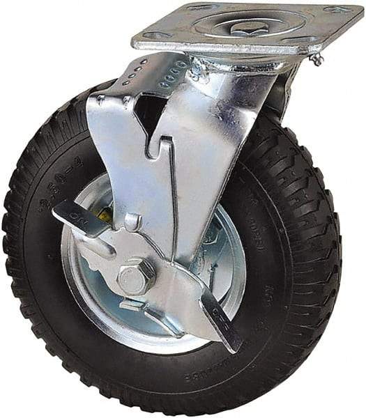 Value Collection - 8" Diam x 2" Wide, Pneumatic Swivel with Brake Caster - 300 Lb Capacity, Top Plate Mount, 4" x 4-1/2" Plate, Sealed Ball Bearing - Apex Tool & Supply