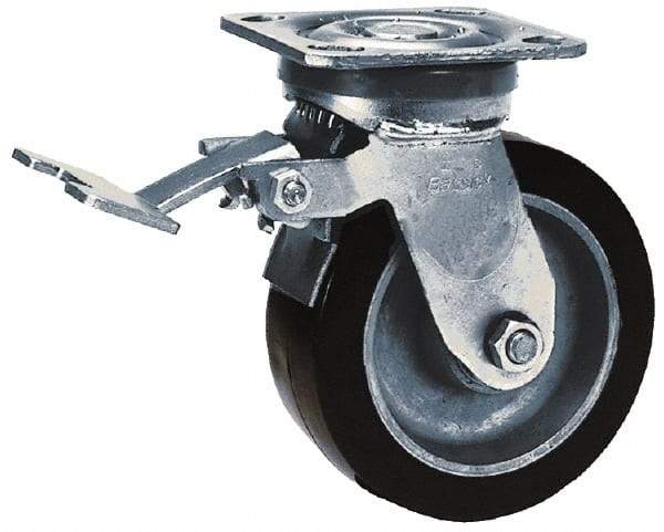 Albion - 5" Diam x 2" Wide x 6-1/2" OAH Top Plate Mount Swivel Caster with Brake - Phenolic, 900 Lb Capacity, Roller Bearing, 4 x 4-1/2" Plate - Apex Tool & Supply