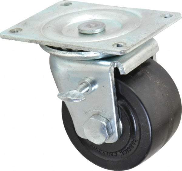 Albion - 3" Diam x 1-13/16" Wide x 3-31/32" OAH Top Plate Mount Swivel Caster with Brake - Phenolic, 700 Lb Capacity, Roller Bearing, 3-1/8 x 4-1/8" Plate - Apex Tool & Supply
