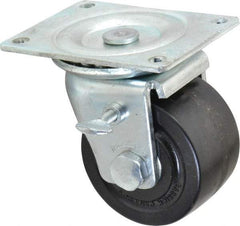 Albion - 3" Diam x 1-13/16" Wide x 3-31/32" OAH Top Plate Mount Swivel Caster with Brake - Phenolic, 700 Lb Capacity, Roller Bearing, 3-1/8 x 4-1/8" Plate - Apex Tool & Supply