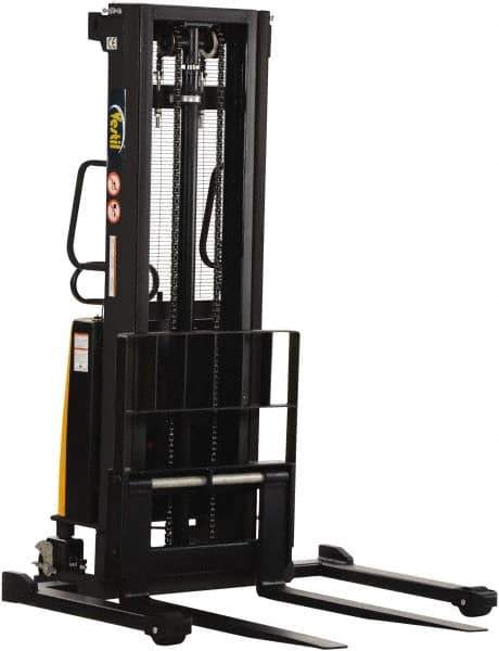 Vestil - 2,000 Lb Capacity, 118" Lift Height, Battery Powered Stacker - 2-1/8" Lowered Height, 42" Fork Length, 58" Overall Width - Apex Tool & Supply