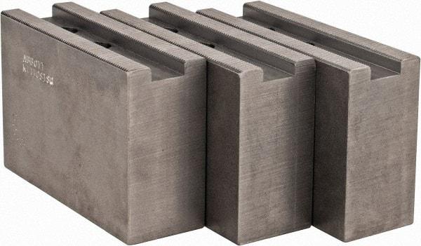 Abbott Workholding Products - 1.5mm x 60° Serrated Attachment, Square Soft Lathe Chuck Jaw - 3 Jaws, Steel, 1.1811" Btw Mount Hole Ctrs, 4-1/2" Long x 1-1/2" Wide x 3" High, 0.6299" Groove, 0.4724" & 12mm Fastener - Apex Tool & Supply