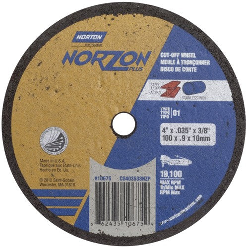 4″ × 0.035″ × 3/8″ NorZon Plus Small Diameter Cut-Off Wheel Type 01 Straight Aluminum Oxide - Apex Tool & Supply
