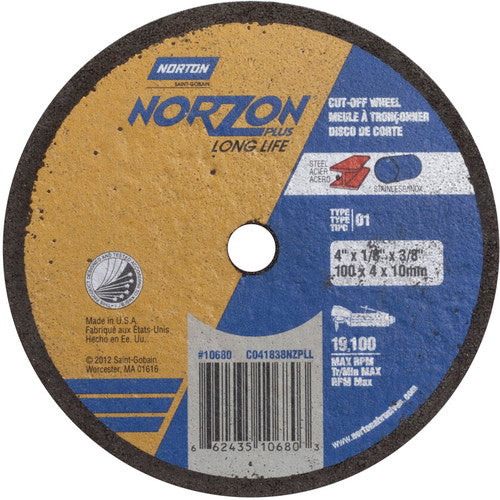 4″ × 1/8″ × 3/8″ NorZon Plus Small Diameter Cut-Off Wheel Type 01 Straight Aluminum Oxide - Apex Tool & Supply