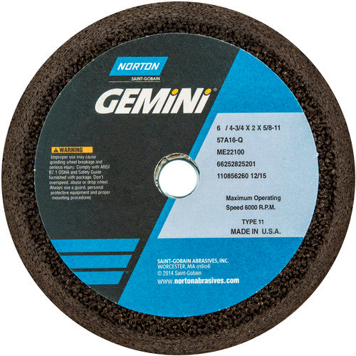 6″ / 4 3/4″ × 2″ × 5/8″-11 Gemini Snagging Wheel Type 11 Flaring Cup 16 Grit Aluminum Oxide - Apex Tool & Supply