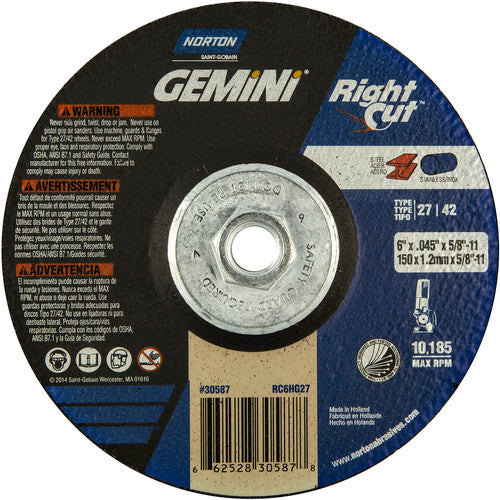 ‎6 x .045 × 5/8 - 11″ Gemini RightCut Cutting Wheel A 24 Q Type 27/42 - Apex Tool & Supply