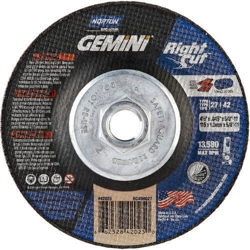 ‎4-1/2 x .045 × 5/8 - 11″ Gemini RightCut Cutting Wheel A 24 T BDA3 Type 27/42 - Apex Tool & Supply