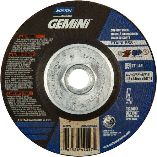 ‎4-1/2 × 3/32 × 5/8 - 11″ Gemini INOX/SS Cutting Wheel A 30 Q BDA Type 27/42 - Apex Tool & Supply