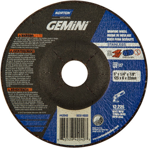 5 × 1/4 × 7/8″ Gemini INOX/SS Grinding Wheel A 24 Q BDA Type 27 - Apex Tool & Supply
