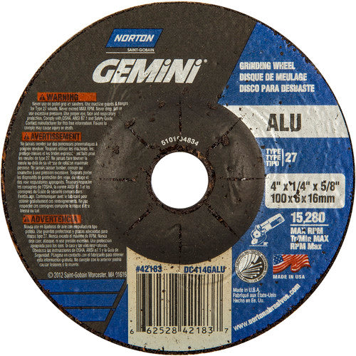 4 × 1/4 × 5/8″ Gemini ALU Grinding Wheel A 46 Q BDA Type 27 - Apex Tool & Supply
