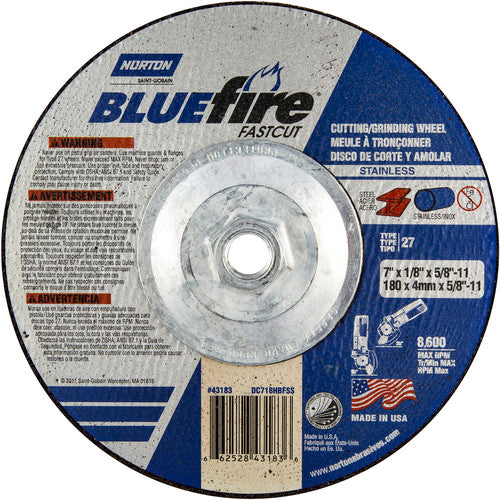 7″ × 1/8″ × 5/8″ BlueFire Non-Woven Depressed Center Wheel Type 27 Zirconia Alumina / Aluminum Oxide - Apex Tool & Supply