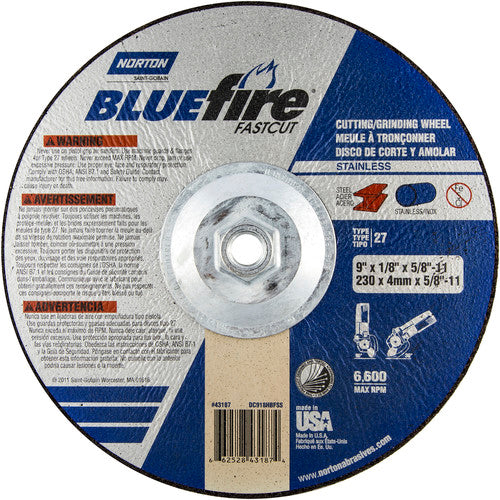 9″ × 1/8″ × 5/8″ BlueFire Non-Woven Depressed Center Wheel Type 27 Zirconia Alumina / Aluminum Oxide - Apex Tool & Supply