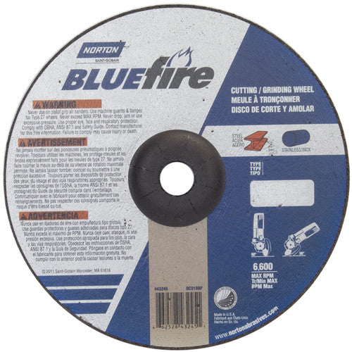 9″ × 1/8″ × 7/8″ BlueFire Non-Woven Depressed Center Wheel Type 27 Zirconia Alumina / Aluminum Oxide - Apex Tool & Supply