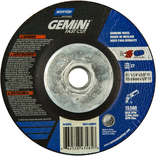 ‎4-1/2 × 1/4 × 5/8 - 11″ Gemini Fast Cut Grinding Wheel A 24 N BDA Type 27 - Apex Tool & Supply