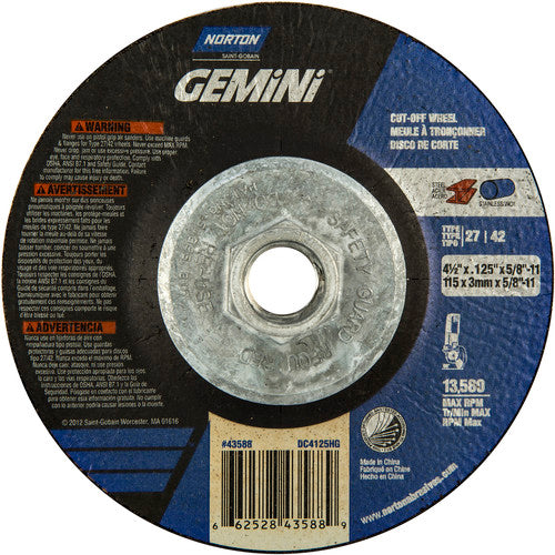 ‎4-1/2 x .125 × 5/8 - 11″ Gemini Cutting Wheel A 24 T BDA3 Type 27/42 - Apex Tool & Supply