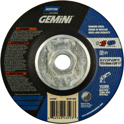 ‎4-1/2 × 1/4 × 5/8 - 11″ Gemini Grinding Wheel A 24 S BDA Type 27 - Apex Tool & Supply
