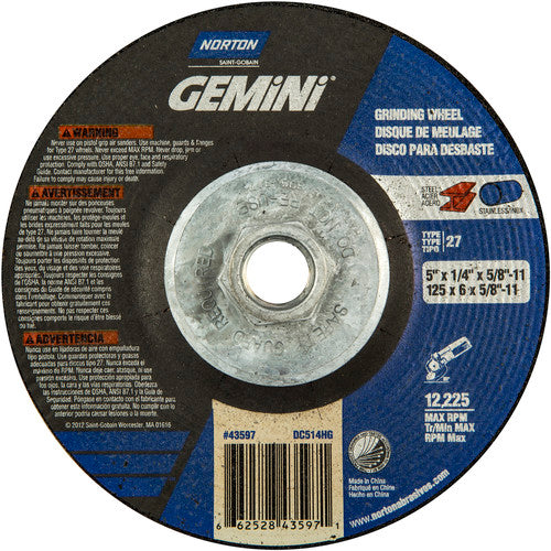 ‎5 × 1/4 × 5/8 - 11″ Gemini Grinding Wheel A 24 S BDA Type 27 - Apex Tool & Supply