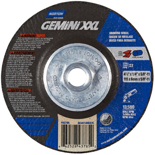 ‎4-1/2″ × 1/4″ × 5/8″-11 Gemini Depressed Center Wheel Type 27 Aluminum Oxide - Apex Tool & Supply