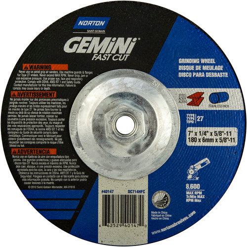 ‎7 × 1/4 × 5/8 - 11″ Gemini Fast Cut Grinding Wheel A 24 N Type 27 - Apex Tool & Supply
