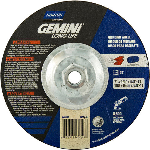‎7 × 1/4 × 5/8 - 11″ Gemini Long Life Grinding Wheel A 24 S Type 27 - Apex Tool & Supply