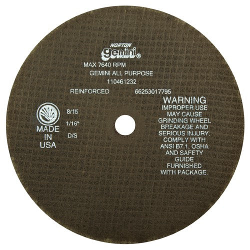 8″ × 0.060″ × 5/8″ Gemini Circular Saw Cut-Off Wheel Type 01 Straight 36 Grit Aluminum Oxide - Apex Tool & Supply