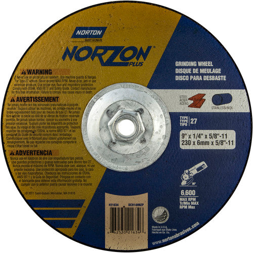 9″ × 1/4″ × 5/8″ NorZon Plus Non-Woven Depressed Center Wheel Type 27 - Apex Tool & Supply