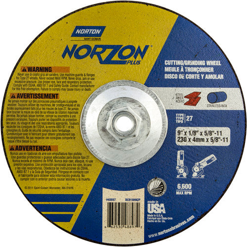 9″ × 1/8″ × 5/8″ NorZon Plus Non-Woven Depressed Center Wheel Type 27 - Apex Tool & Supply
