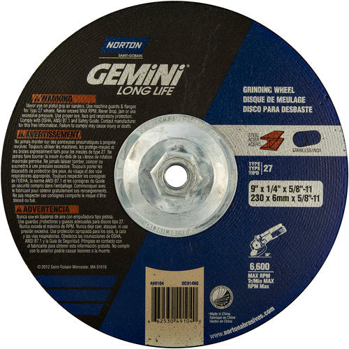 ‎9 × 1/4 × 5/8 - 11″ Gemini Long Life Grinding Wheel A 24 R Type 27 - Apex Tool & Supply