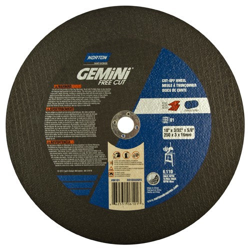10″ × 0.09375″ × 5/8″ Gemini Stationary Saw Type 01 Straight Cut-Off Wheel Aluminum Oxide - Apex Tool & Supply