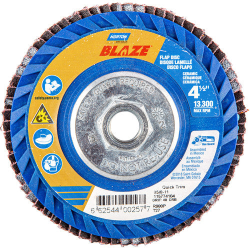 ‎4-1/2 × 5/8 - 11″ Blaze Plastic Flat Flap Disc Type 27 40 Grit R980P Premium Ceramic Alumina - Apex Tool & Supply