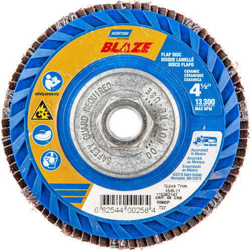 ‎4-1/2 × 5/8 - 11″ Blaze Plastic Flat Flap Disc Type 27 60 Grit R980P Premium Ceramic Alumina - Apex Tool & Supply