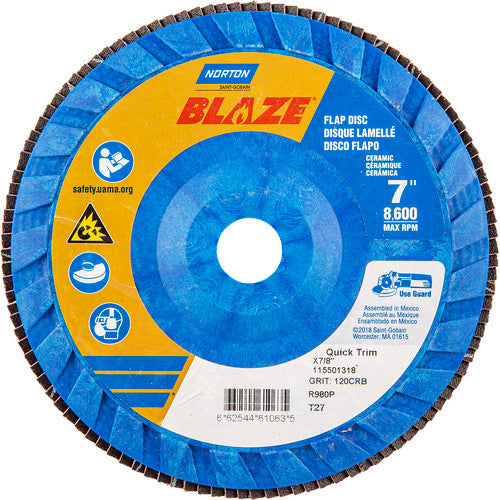 7 × 7/8″ Blaze Plastic Flat Flap Disc Type 27 120 Grit R980P Premium Ceramic Alumina - Apex Tool & Supply