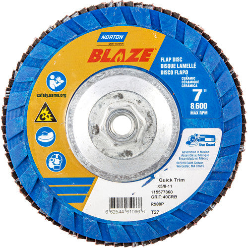 ‎7 × 5/8 - 11″ Blaze Plastic Flat Flap Disc Type 27 40 Grit R980P Premium Ceramic Alumina - Apex Tool & Supply