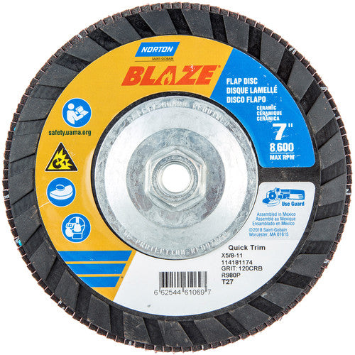 ‎7 × 5/8 - 11″ Blaze Plastic Flat Flap Disc Type 27 120 Grit R980P Premium Ceramic Alumina - Apex Tool & Supply