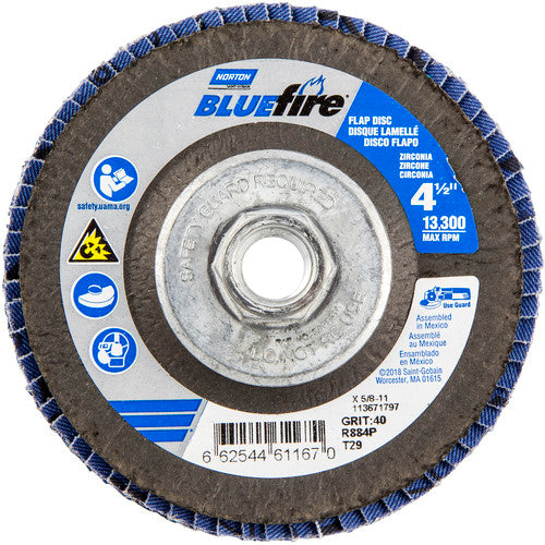 ‎4-1/2 × 5/8 - 11″ BlueFire Fiberglass Conical Flap Disc Type 29 P40 Grit R884P Zirconia Alumina - Apex Tool & Supply