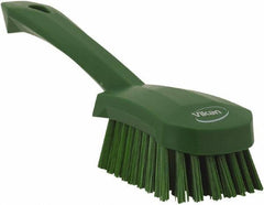 Vikan - 1.3" Bristle Length, Polyester Scrub Brush - 4-1/4" Long x 2-3/4" Wide Head, 10" OAL, Green, Polypropylene Block - Apex Tool & Supply