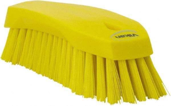 Vikan - 1.3" Bristle Length, Polyester Utility Scrub Brush - 7" Long x 3" Wide Head, 8" OAL, Yellow, Polypropylene Block - Apex Tool & Supply