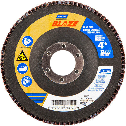 ‎4-1/2 × 7/8″ Blaze Fiberglass HD Flat Flap Disc Type 27 40 Grit R980P Premium Ceramic Alumina - Apex Tool & Supply