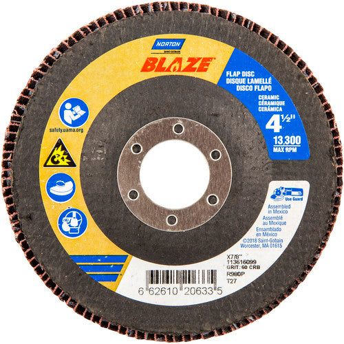 ‎4-1/2 × 7/8″ Blaze Fiberglass HD Flat Flap Disc Type 27 60 Grit R980P Premium Ceramic Alumina - Apex Tool & Supply