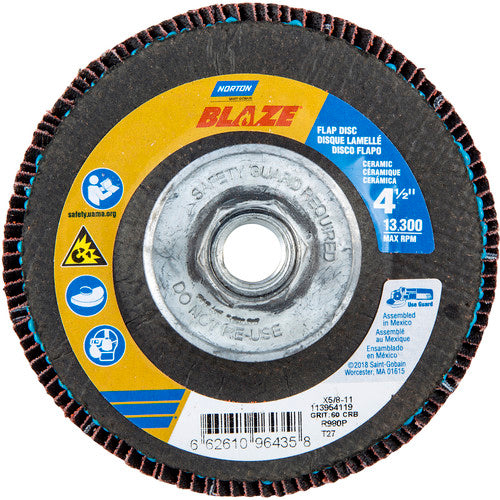 ‎4-1/2 × 5/8 - 11″ Blaze Fiberglass HD Flat Flap Disc Type 27 60 Grit R980P Premium Ceramic Alumina - Apex Tool & Supply