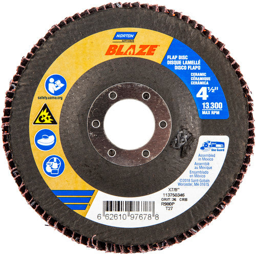 ‎4-1/2 × 7/8″ Blaze Fiberglass HD Flat Flap Disc Type 27 36 Grit R980P Premium Ceramic Alumina - Apex Tool & Supply