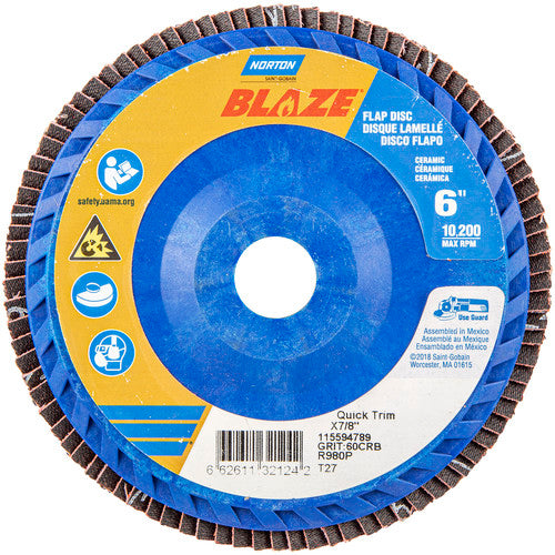 6 × 7/8″ Blaze Plastic Flat Flap Disc Type 27 60 Grit R980P Premium Ceramic Alumina - Apex Tool & Supply